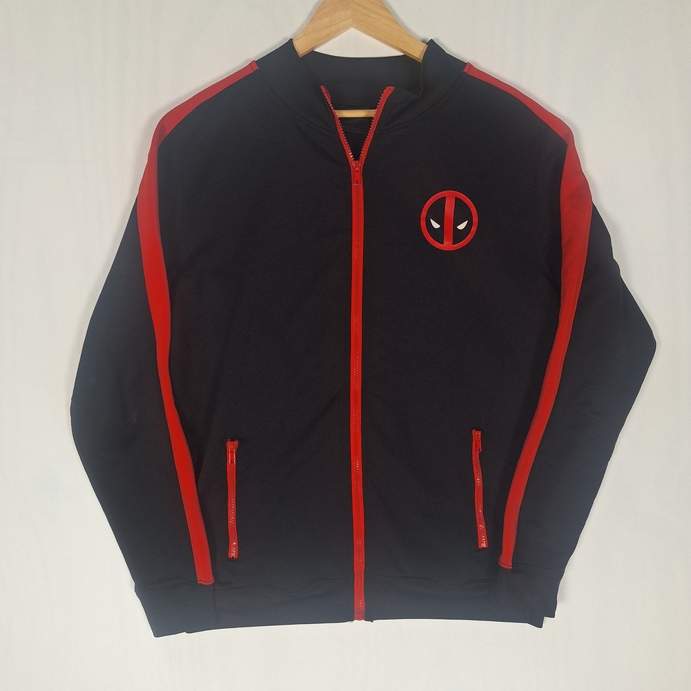 Marvel Deadpool Track Jacket Full Zip Embroidered Logo Black Red Large